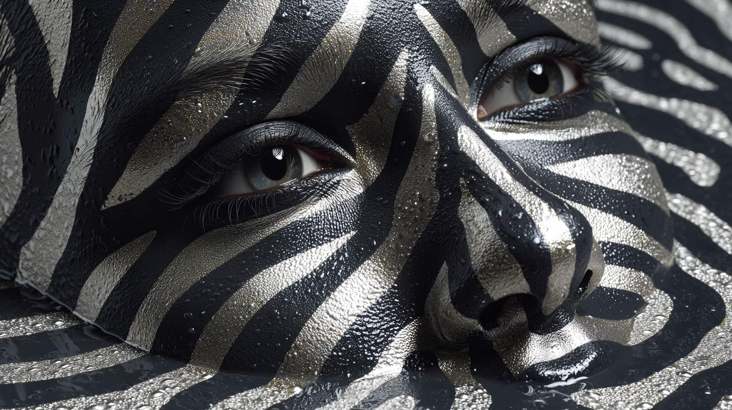 Prompt: striped face emerge from the striped liquid