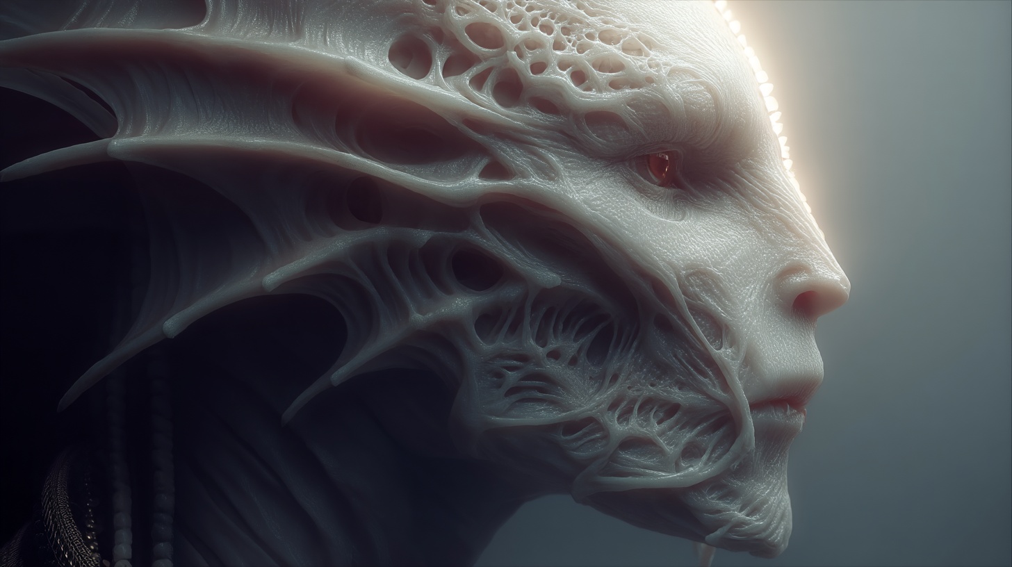 Prompt: surreal organic 3d alien emerge from the dark, extreme depth of field