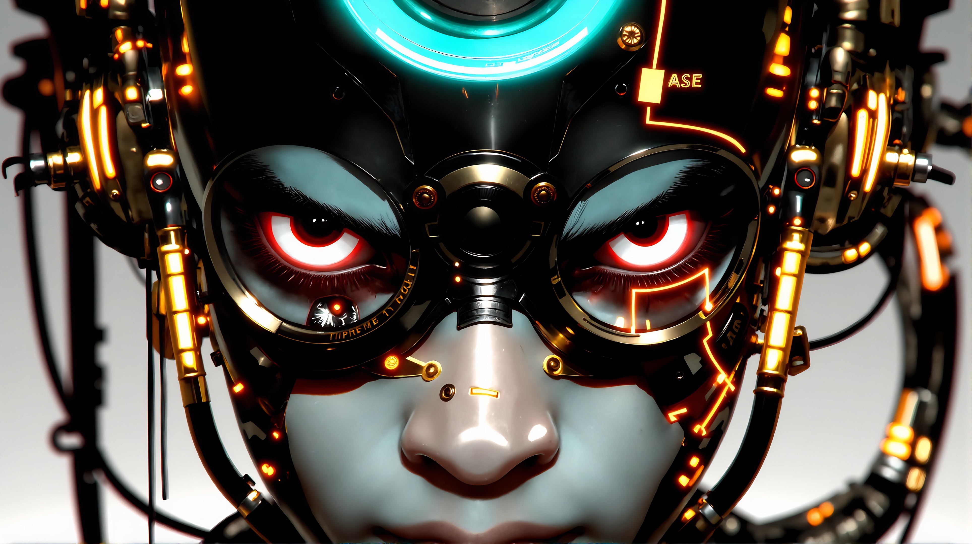 Prompt: a futuristic android face in a circuit concept, in the style of illusory hyperrealism, bold, black lines, neo-academism, scott adams, digital as manual, data visualization