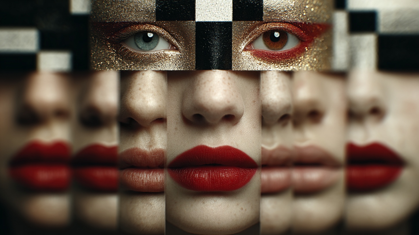 Prompt: A series of beautiful female faces in the style of digital surrealism. A symmetrical grid of a group of women with different eye colors and lips in front of an endless mirror maze.