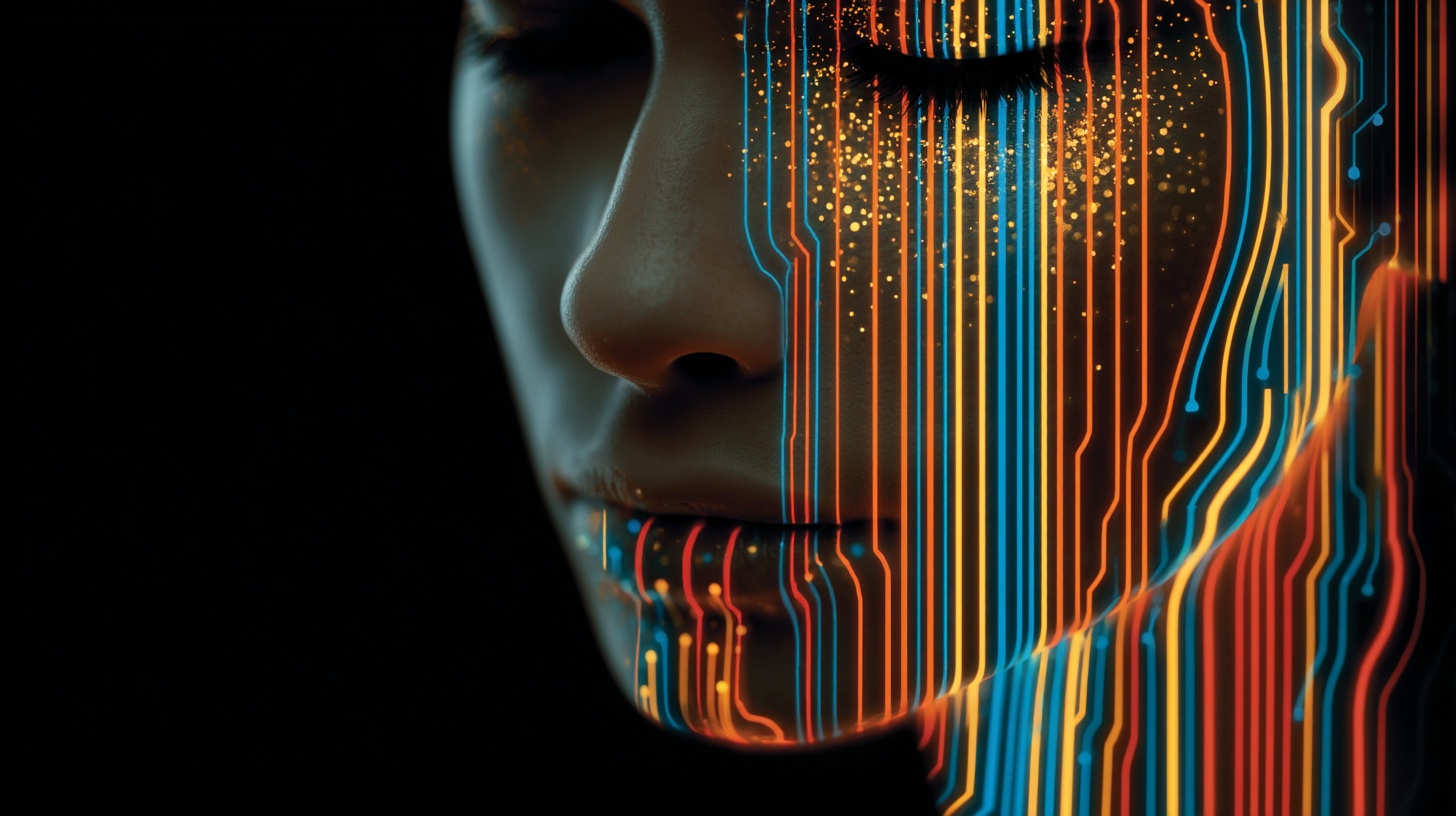 Prompt: Digital human face with a similar style to a circuit board, featuring vibrant neon lines in blue and orange against a black background with vertical lines. The face should be symmetrical, with the lines forming the contours and features of the face in a continuous flow. The image should evoke a sense of futuristic digital art and technology, with a strong contrast between the bright neon lines and the dark background.