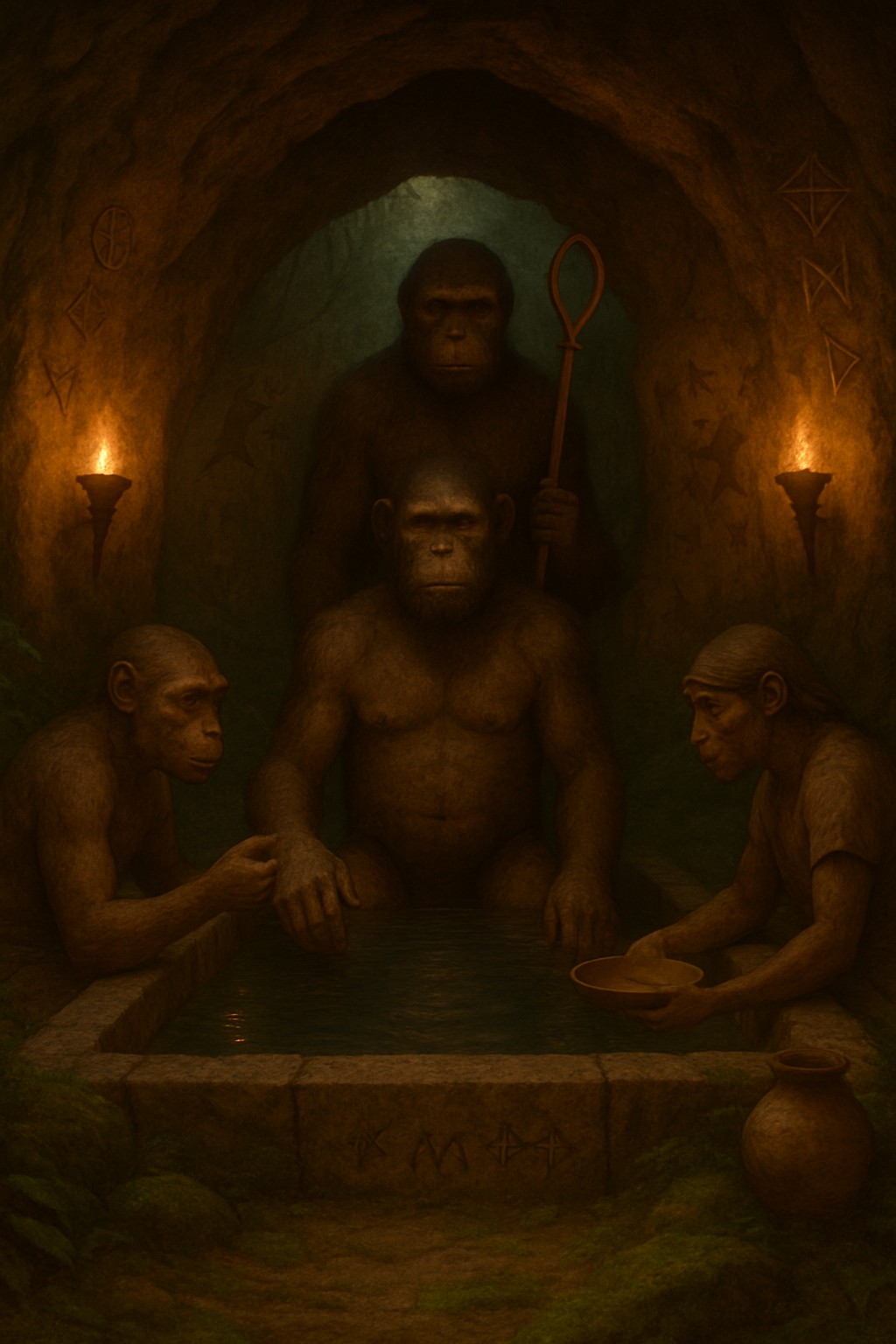 Inside a warm, fire-lit cave, a dominant ape-like ho...