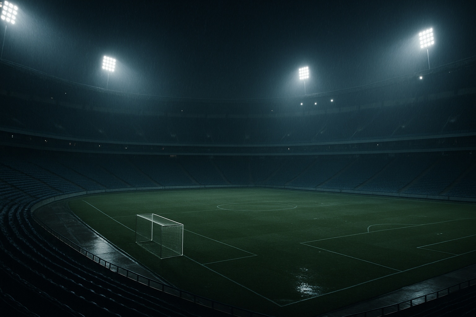 Prompt: A wide drone shot of an empty stadium at night. Gentle rain. Seats dark.