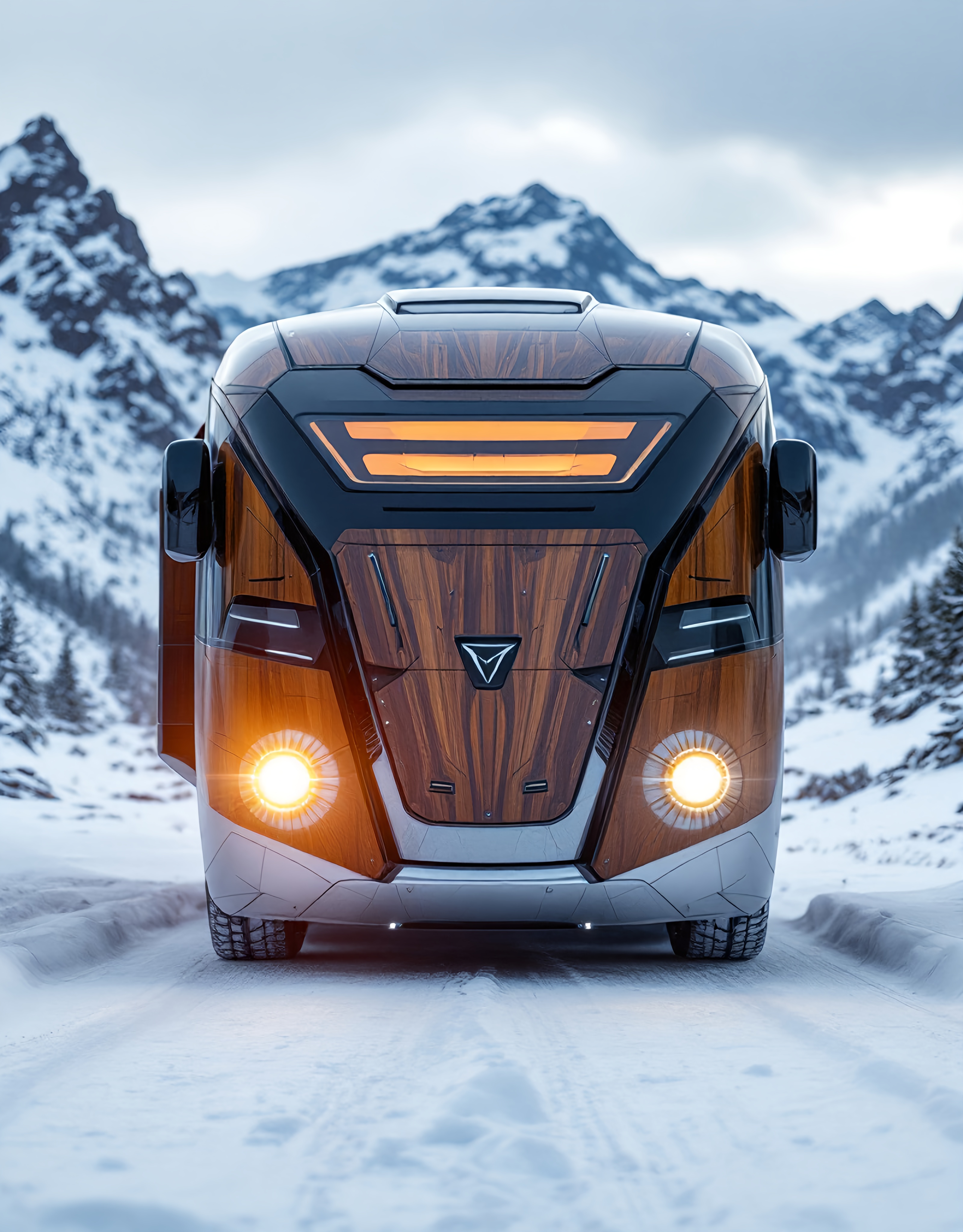 Ultra Realistic Big Long Futuristic RV, front view w...
