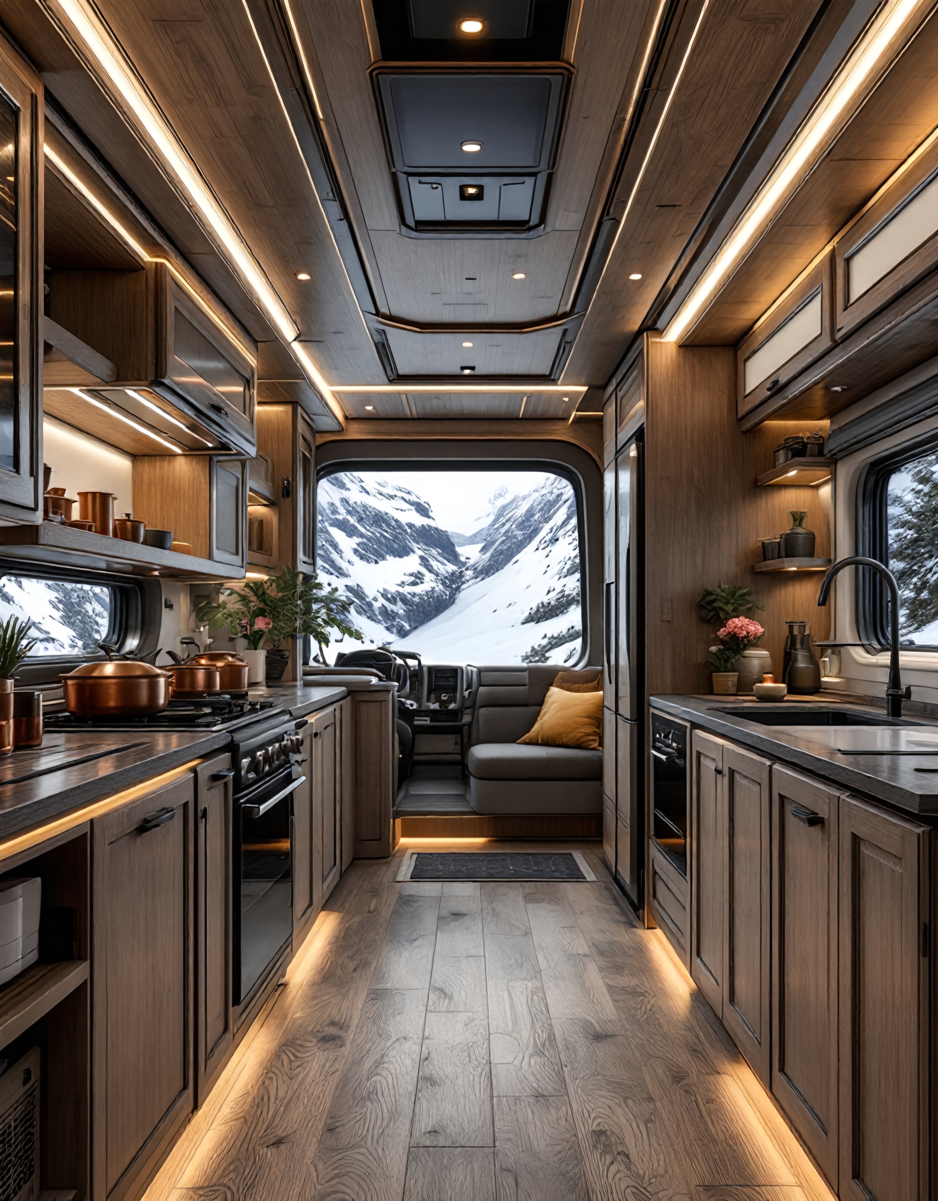 Ultra Realistic Big Long Futuristic RV interior kitc...