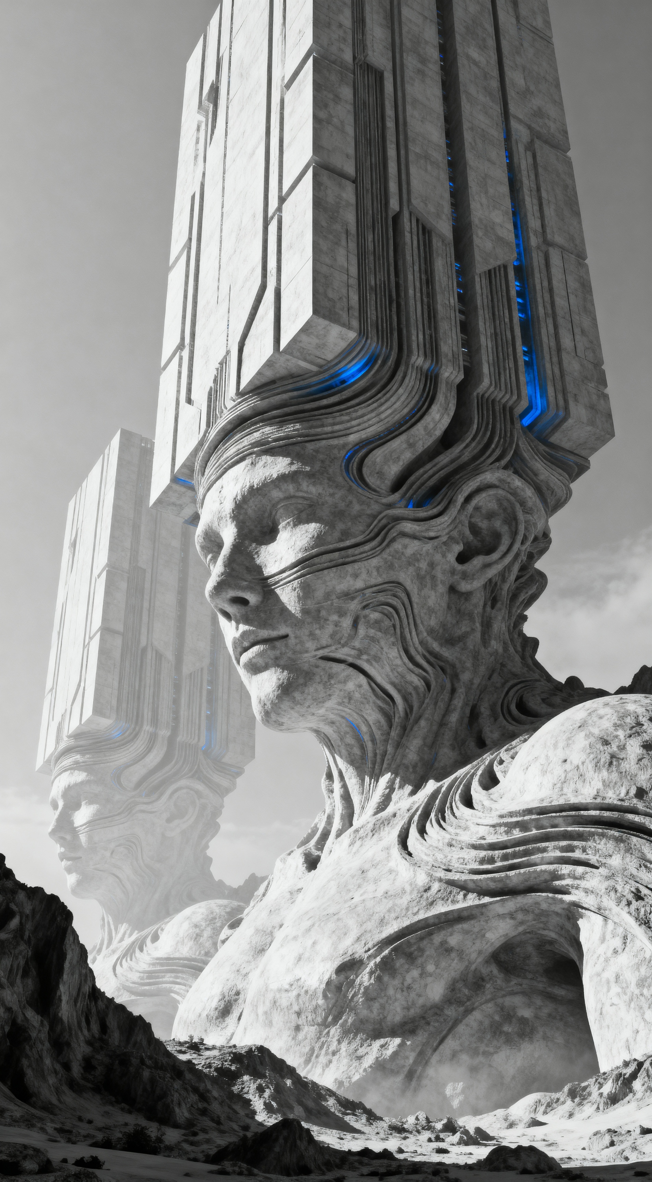 Prompt: Amidst a surreal, monochromatic landscape, two towering building emerge, their grand, sculpted forms merging seamlessly with the stark, rocky terrain. Each colossal structure features intricate lines and textures that blend human features with geometric elements, creating an otherworldly presence.