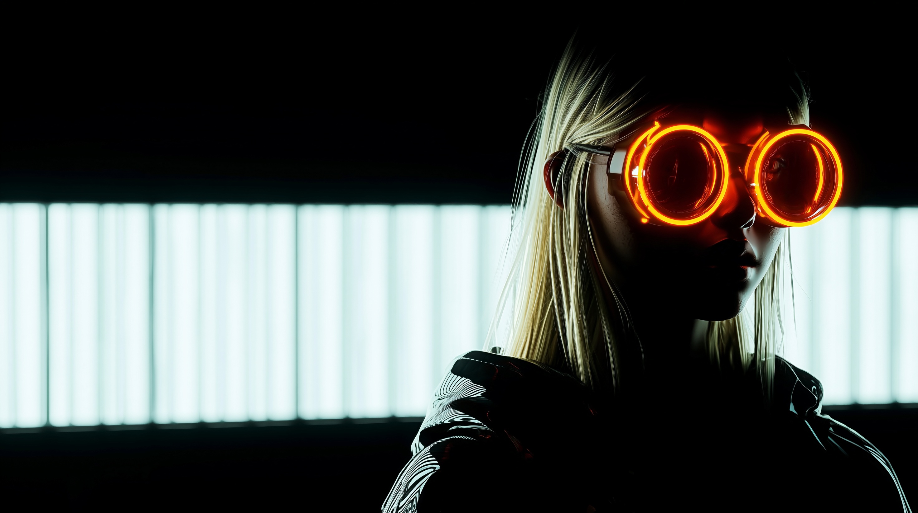 Prompt: A high-contrast digital illustration of an anime-style girl with long blonde hair, wearing a highly reflective, glossy black and white striped vinyl hoodie. Her upper face is cast in deep shadow, revealing glowing neon-orange cybernetic ring eyes. Dark background featuring a horizontal strip of glowing white vertical light panels. Cyberpunk aesthetic, cinematic lighting, dramatic chiaroscuro, sleek 3D render textures, sharp focus.