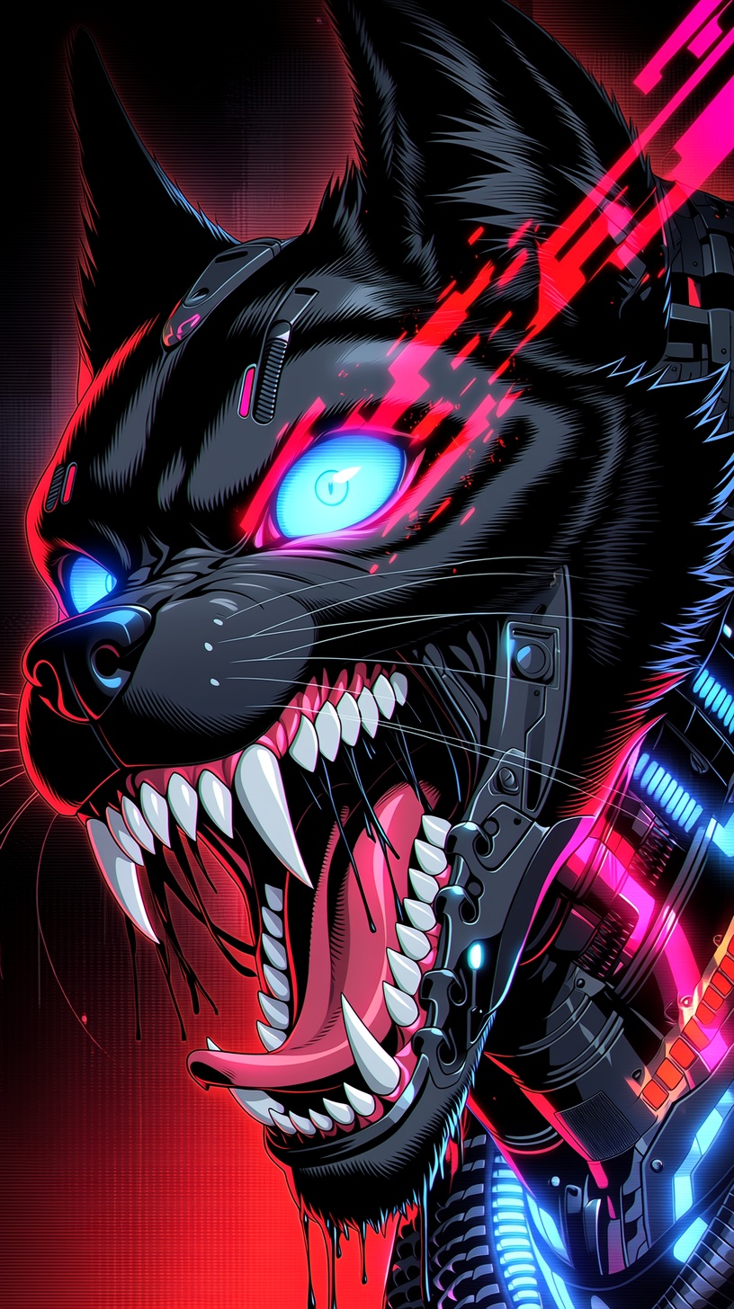 Prompt: A macabre demonic entity, graphic novel comic book illustration. Heavy analog video FX, CRT scanlines, VHS glitch distortion, and chromatic aberration. High-contrast chiaroscuro lighting with deep pitch-black shadows. Neon synthwave color palette featuring glowing electric cyan and hot magenta accents. Dripping ink, sharp teeth, glowing eyes, cybernetic body horror, dark gritty aesthetic