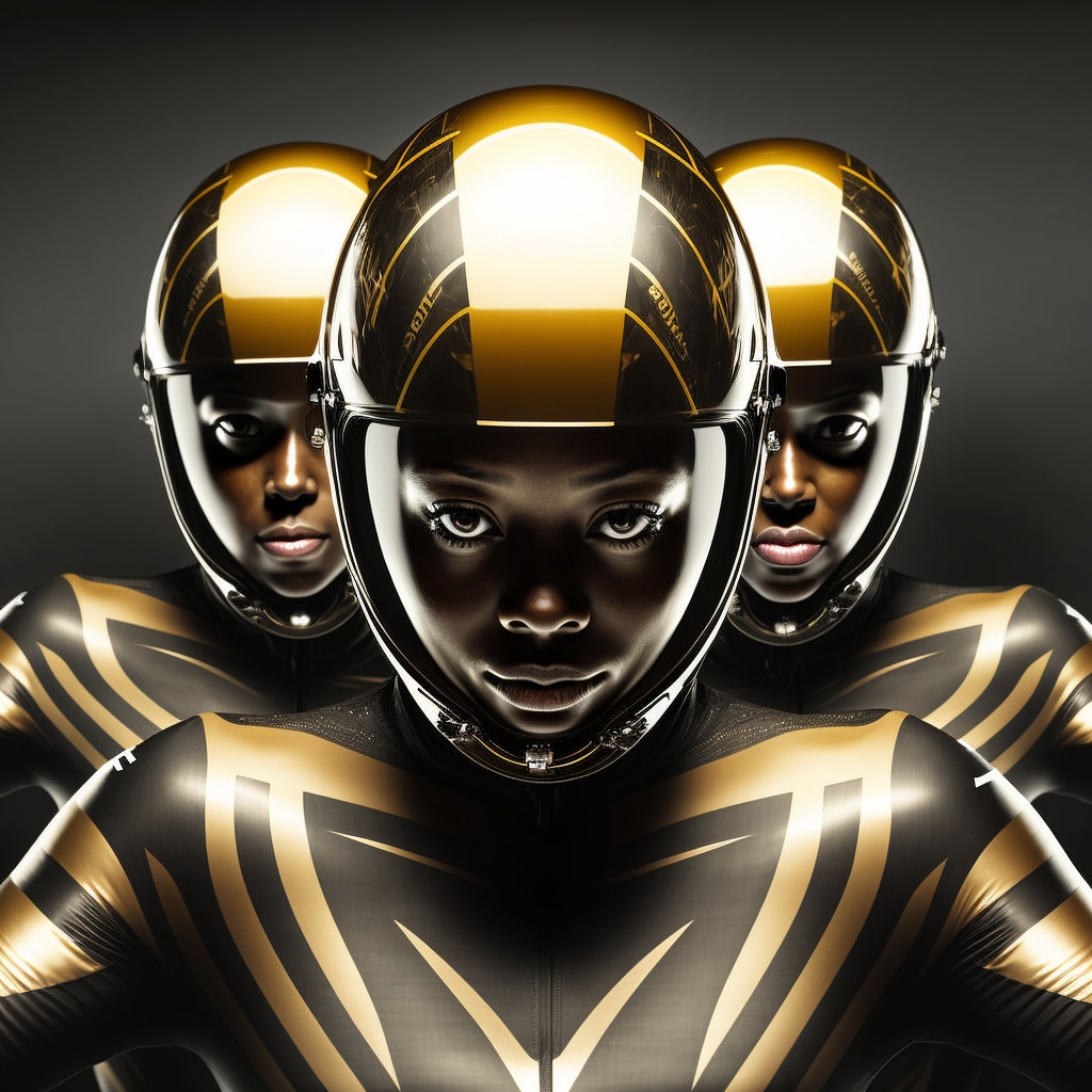 Prompt: bobsleigh woman team, black and gold