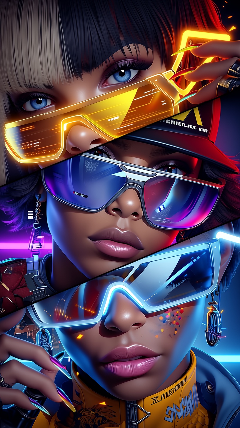 Prompt: Cyberpunk portrait, photo-realistic characters, high-tech neon glow, glitch effects, futuristic interfaces, sci-fi fashion, moody lighting, synthetic textures, Japanese/Asian script overlay, dystopian aesthetic