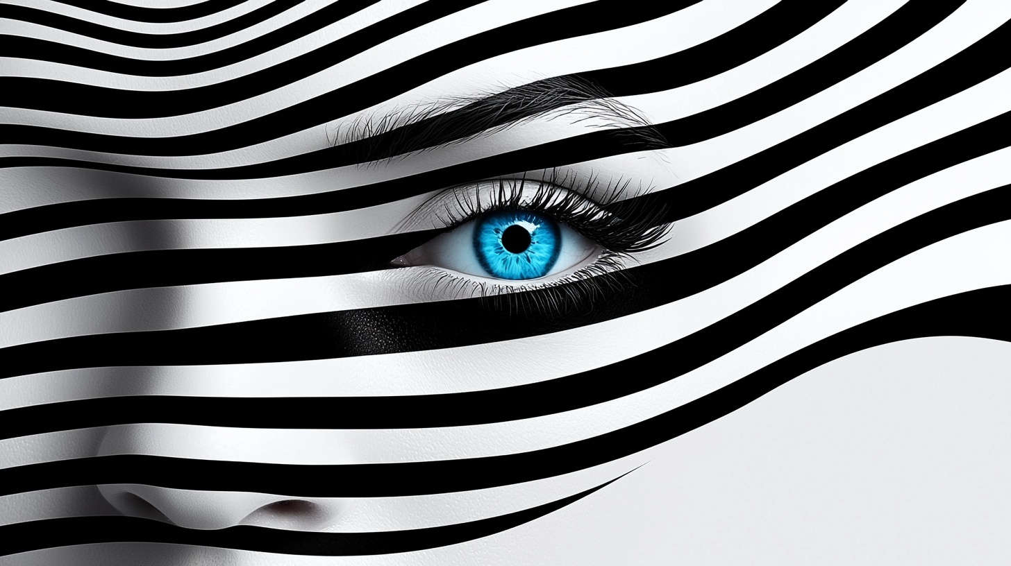 Prompt: A woman with striking blue eyes and geometric patterns blending with black and white stripes on her face. Behind her, a mirror distorts the stripes into abstract shapes. The style is a fusion of Android Jones with gothic art, rendered in Behance HD with a subtle ambient occlusion effect.