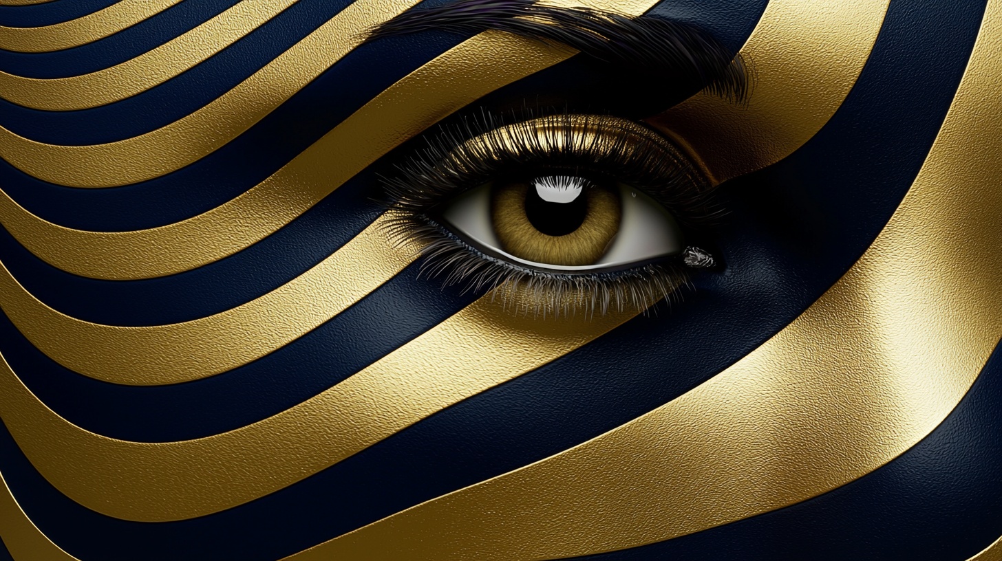 Prompt: An ultra-realistic digital artwork portraying a face adorned with striped patterns, its surface shimmering with chrome-like reflections. Enhanced by intricate quantum wavetracing effects, the piece offers a mesmerizing visual experience. The backdrop blends hues of light bronze and deep blue, evoking a futuristic multimedia installation. Selective focus highlights specific facial features, adding depth and emphasis to the composition.
