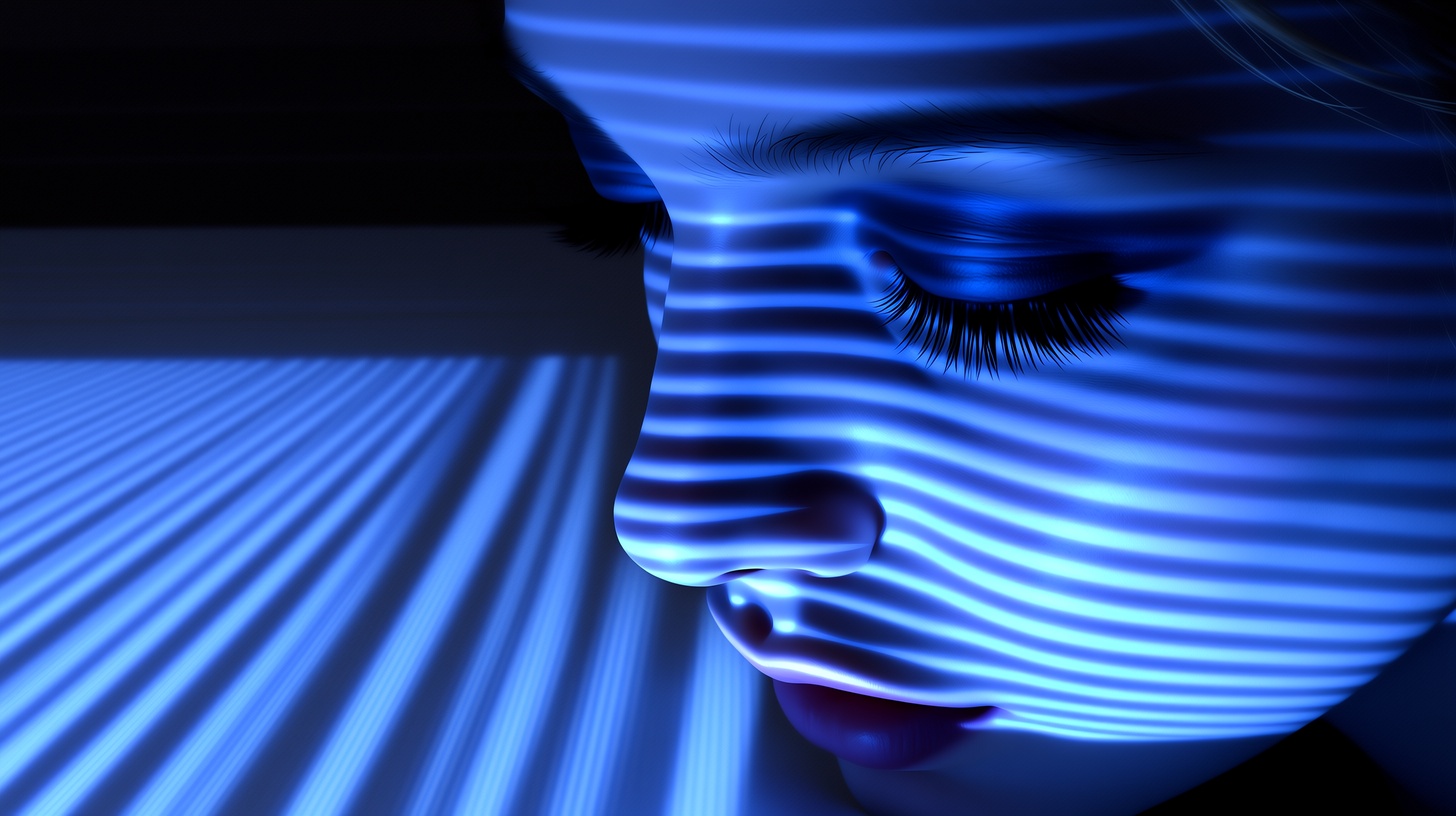 Prompt: Conceptual photography. Extreme close-up of a serene woman's face, eyes closed. Illuminated entirely by bright neon blue horizontal scanlines. High contrast chiaroscuro, deep black shadows. The blue light pattern projects into an empty, dark room with a reflective floor in the background. Cyberpunk aesthetic, holographic texture, sharp focus, digital projection art.