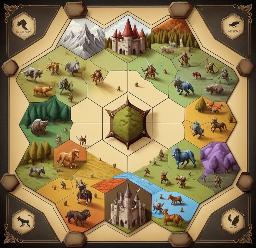 Prompt: A hexagonal map of a 6 low fantasy kingdoms.
A different castle at each point of the hexagon. Miniature mythical beasts roam the countryside. Tiny knights do
Battle with one another.