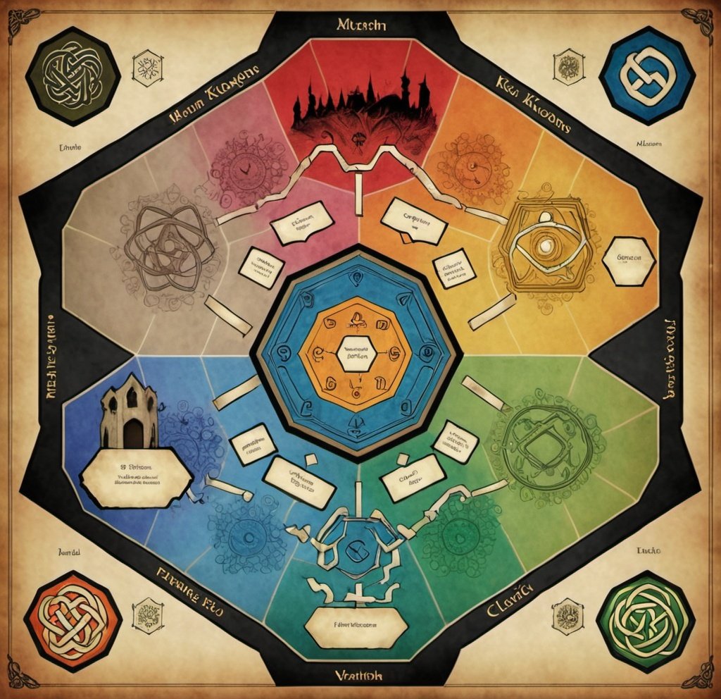 Prompt: A  hexagonal map of 6 low fantasy kingdoms. A different castle at each point of the hexagon. Celtic motifs.