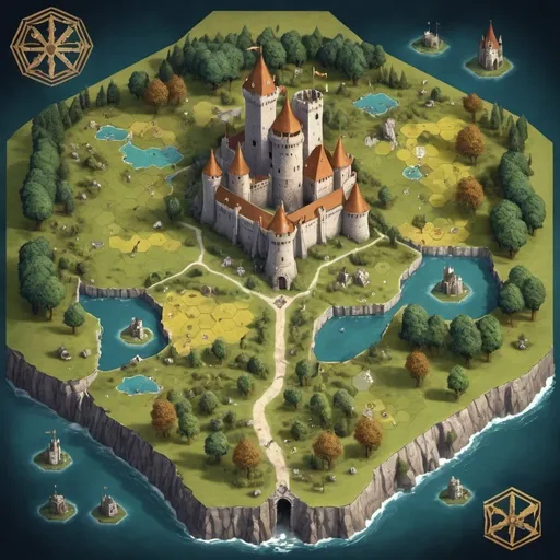 Prompt: A hexagonal map of a 6 low fantasy kingdoms.
A different castle at each point of the hexagon. Miniature mythical beasts roam the countryside.