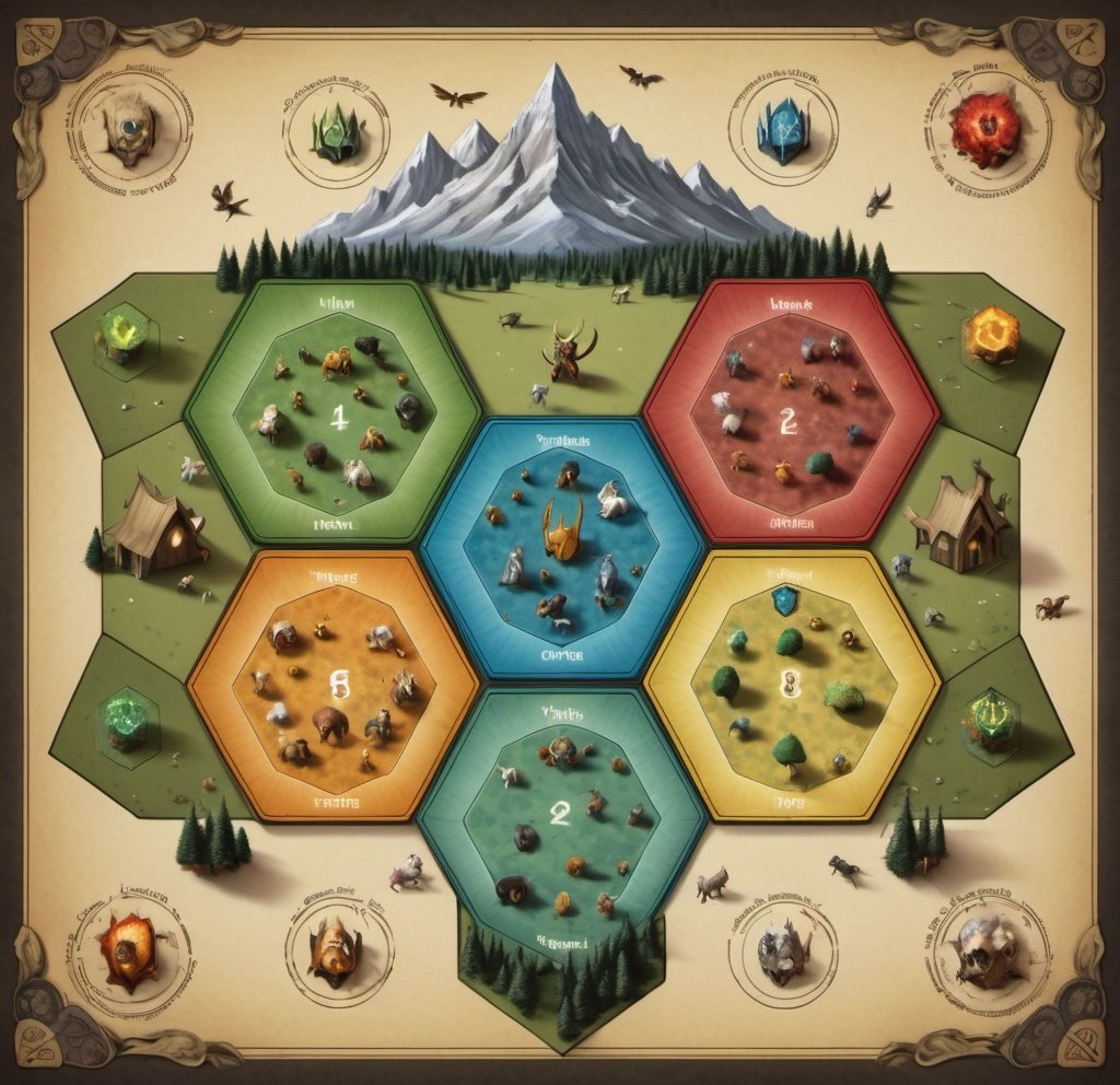 Prompt: A hexagonal map of a 6 low fantasy kingdoms.
A different castle at each point of the hexagon. Miniature mythical beasts roam the countryside. Tiny knights do
Battle with one another.