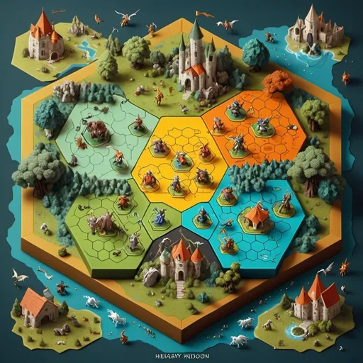 Prompt: A hexagonal map of a 6 low fantasy kingdoms.
A different castle at each point of the hexagon. Miniature mythical beasts roam the countryside. Tiny knights do
Battle with one another.