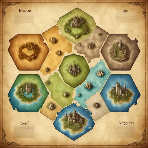 Prompt: Hexagonal map of 6 low fantasy kingdoms, diverse castles in each corner, detailed medieval structures, parchment-like texture, high quality, low fantasy, medieval, diverse castles, hexagonal map, detailed medieval architecture, parchment texture, atmospheric lighting