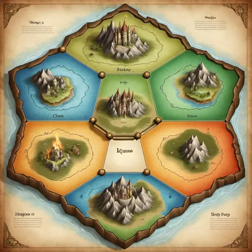 Prompt: A hexagonal map of a 6 low fantasy kingdoms.
A different castle at each point of the hexagon. 