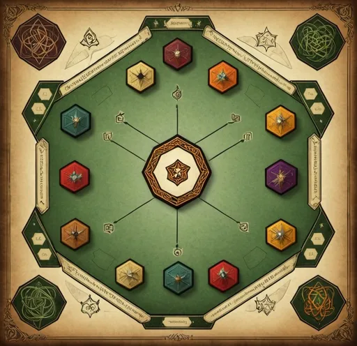 Prompt: A hexagonal map of a 6 low fantasy kingdoms. A different castle at each point of the hexagon. The image has been inspired by a Celtic motif. Tiny knights do Battle with one another.