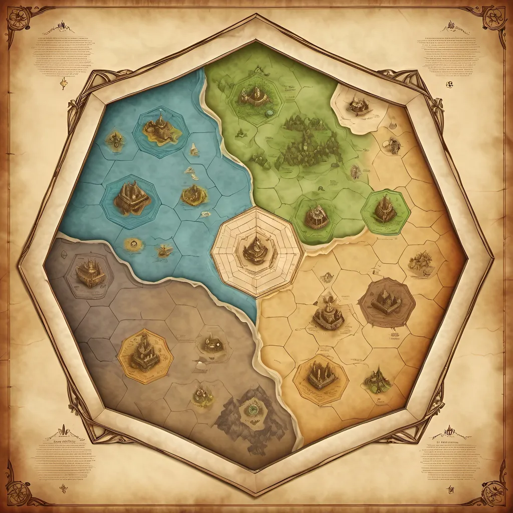 Prompt: Hexagonal map of 6 low fantasy kingdoms, diverse castles in each corner, detailed medieval structures, parchment-like texture, high quality, low fantasy, medieval, diverse castles, hexagonal map, detailed medieval architecture, parchment texture, atmospheric lighting