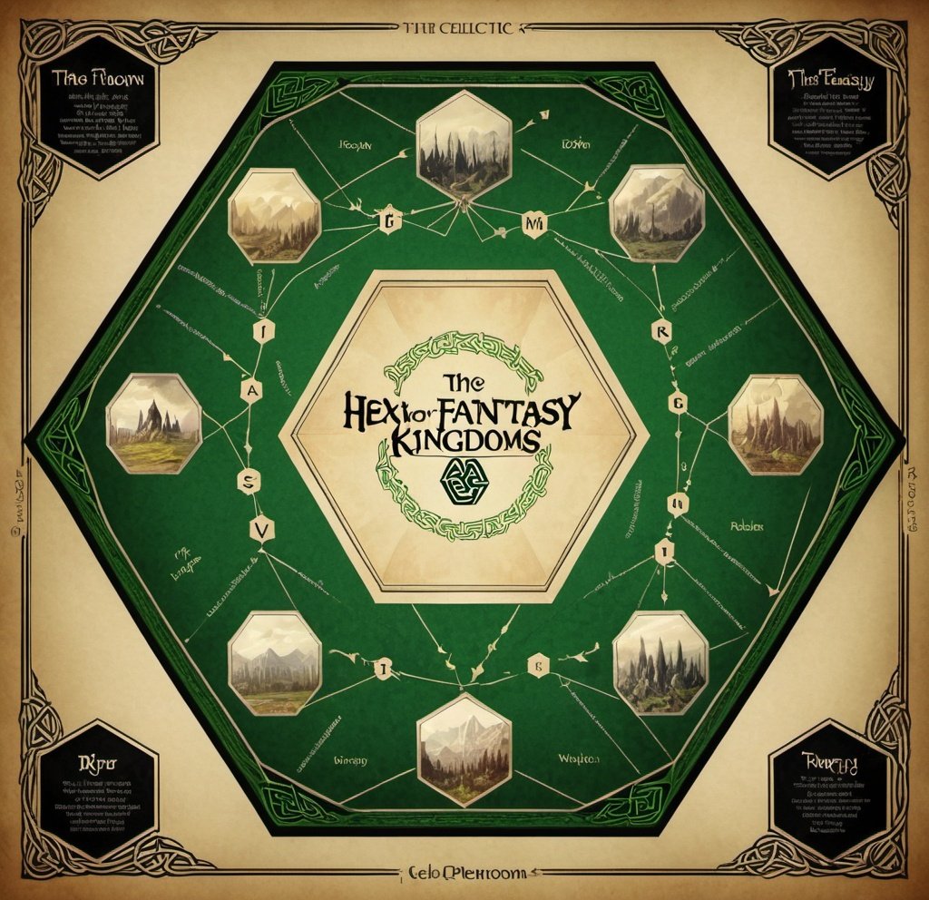 Prompt: A  hexagonal map of 6 low fantasy kingdoms. A different castle at each point of the hexagon. Celtic theme. Plentiful typography.