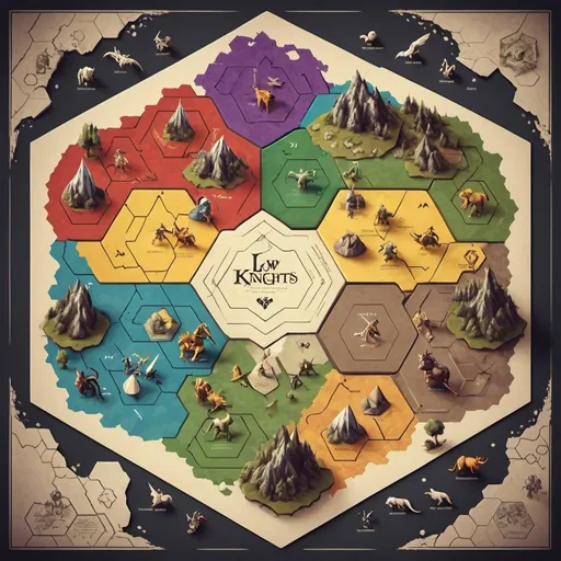 Prompt: A hexagonal map of a 6 low fantasy kingdoms.
A different castle at each point of the hexagon. Miniature mythical beasts roam the countryside. Tiny knights do
Battle with one another.
