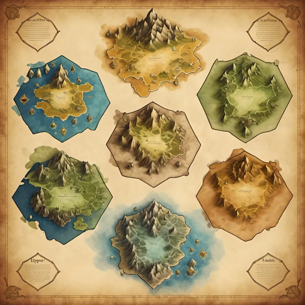 Prompt: Hexagonal map of 6 low fantasy kingdoms, diverse castles in each corner, detailed medieval structures, parchment-like texture, high quality, low fantasy, medieval, diverse castles, hexagonal map, detailed medieval architecture, parchment texture, atmospheric lighting