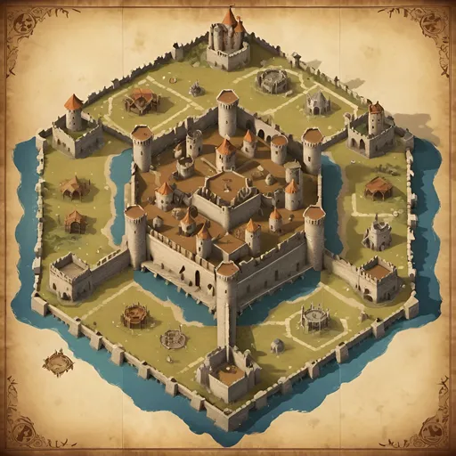Prompt: Hexagonal map of 6 low fantasy kingdoms, diverse castles in each corner, detailed medieval structures, parchment-like texture, high quality, low fantasy, medieval, diverse castles, hexagonal map, detailed medieval architecture, parchment texture, atmospheric lighting,
