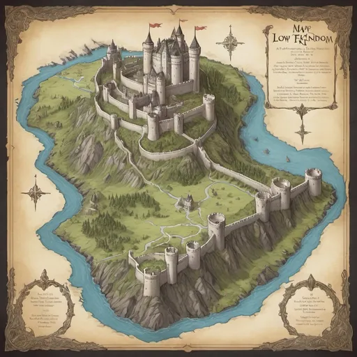 Prompt: A map of a low fantasy kingdom.  A castle to the north. A castle To the north-east. A castle to the south-east. A castle to the south. A castle to the south-west. A castle to the north-west.