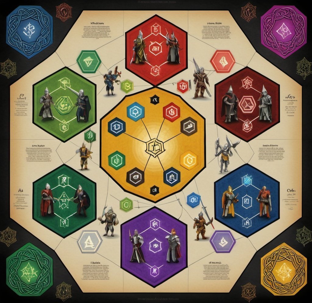 Prompt: A hexagonal map of a 6 low fantasy kingdoms. A different castle at each point of the hexagon. The image has been inspired by a Celtic motif. Tiny knights do Battle with one another.
