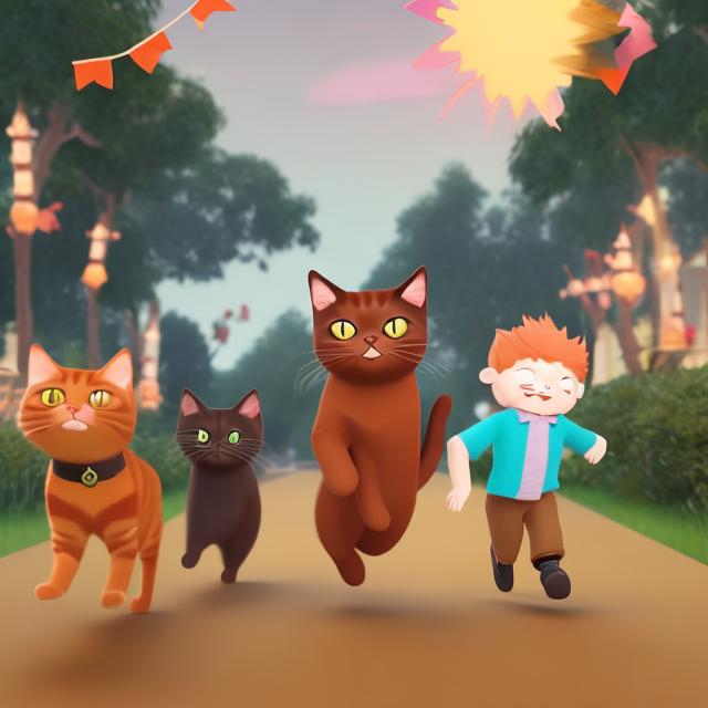 Prompt: Make a picture of two boys chasing a black cat and a ginger cat into a party 
ai animated 


