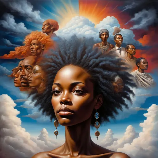 Prompt: Surrealism, proud African American ancestor faces, sky, detailed facial features, spiritual aura, wispy clouds, vibrant and bold colors, high quality, detailed, ancestral presence, proud gaze, surreal atmosphere, spiritual connection, surrealistic art, vibrant sky, powerful ancestral spirits, surreal composition, surrealistic style, surreal portrait, spiritual bond, surrealistic essence, ancestral pride, spiritual guidance, surreal tone, surrealism artwork, powerful symbolism, surrealistic elements, ancestral legacy, spiritual guidance, afro-futurism, afro-realism 