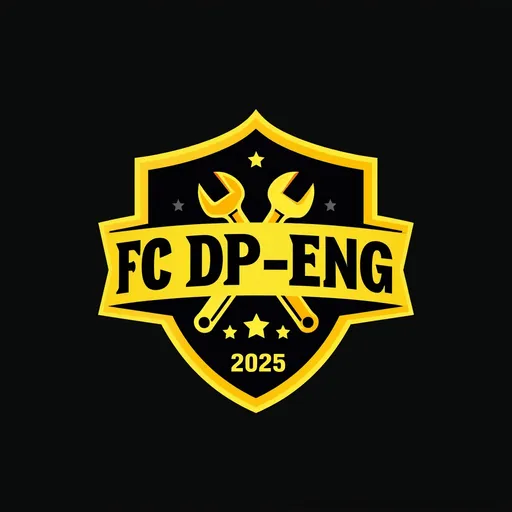 Prompt: create for me a football logo with the team name FC DP-ENG. repair engineering theme. black and yellow color tone. add 2 stars and year 2025. Wrench and spanner icon