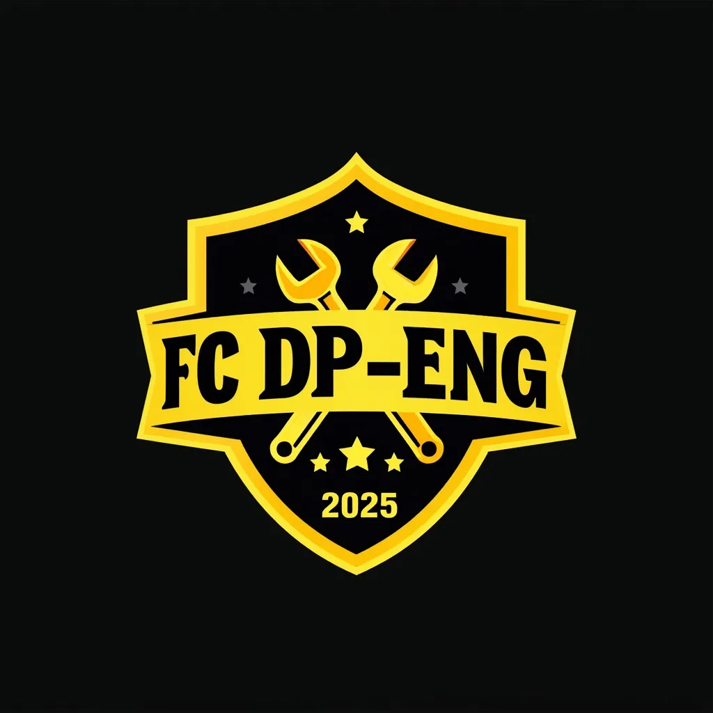Prompt: create for me a football logo with the team name FC DP-ENG. repair engineering theme. black and yellow color tone. add 2 stars and year 2025. Wrench and spanner icon