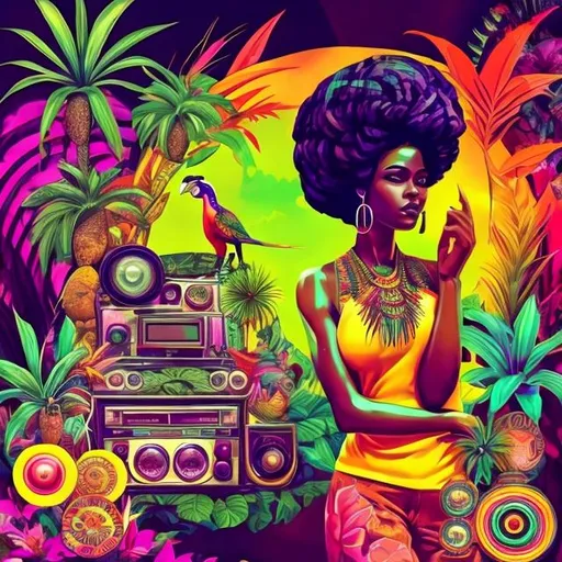 Prompt: Different drums instruments, exotic birds singing, music notes flying, old radio, a tropical florest and a beautiful black woman dancing using psychedelic manga style