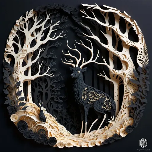 Prompt: Creator show me the path, deep black and bone color palette, paper-cut style, intricate details, high quality, surreal, papercraft, flat design, surreal forest, intricate details, highres, ultra-detailed, professional