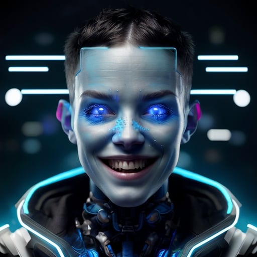 Prompt: Ethereal artificial intelligence avatar in a blue color palette, humanoid face with intricate circuitry, bright glowing blue eyes, malicious smile not showing teeth, far futuristic cyberpunk setting, detailed digital rendering, highres, cyberpunk, circuitry details, bright blue, malicious expression, high-tech