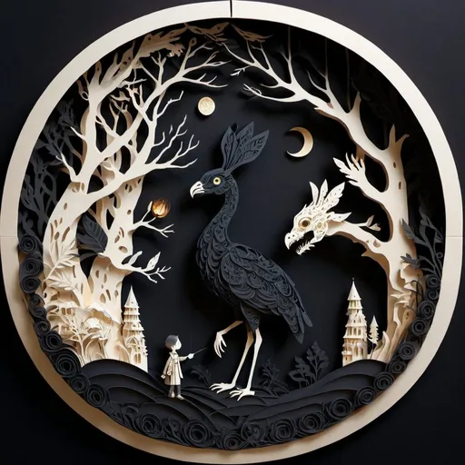 Prompt: Creator show me the tool, deep black and bone color palette, paper-cut style, intricate details, high quality, papercraft, flat design, surreal reality, intricate details, highres, ultra-detailed, professional