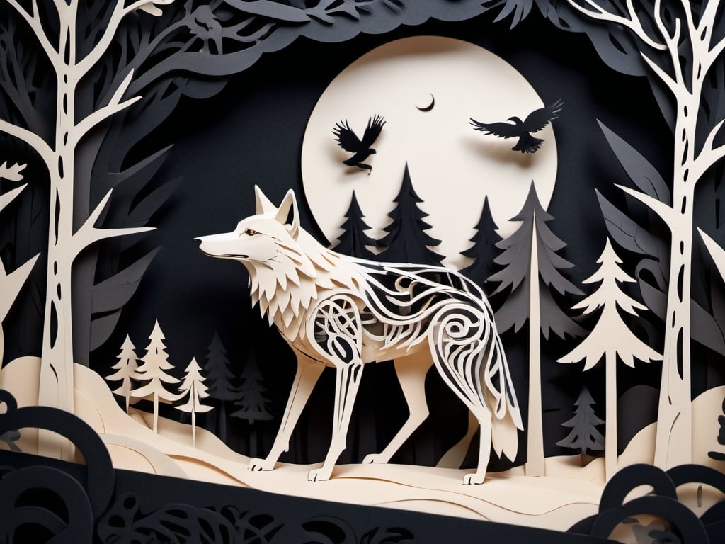 Prompt: papercraft illustration of a surreal forest, black coyote and ravens, deep black and bone color palette, paper-cut style, intricate details, high quality, surreal, stark, papercraft, flat design, surreal forest, intricate details, highres, ultra-detailed, professional