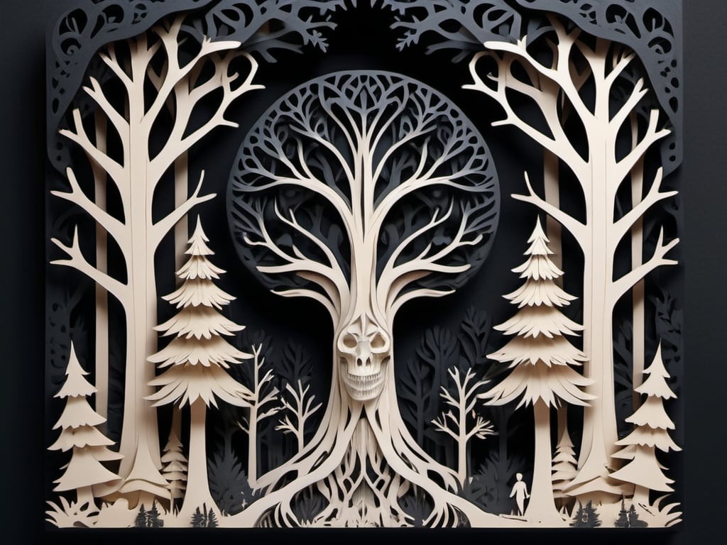 Prompt: Creator, send me your will, deep black and bone color palette, paper-cut style, intricate details, high quality, surreal, stark, papercraft, flat design, surreal forest, intricate details, highres, ultra-detailed, professional