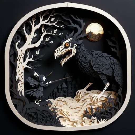 Prompt: Creator show me the enemy, deep black and bone color palette, paper-cut style, intricate details, high quality, papercraft, flat design, surreal reality, intricate details, highres, ultra-detailed, professional