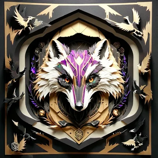 Prompt: Coyote, stark black and deep violet color palate, titanium ravens, vibrant copper detail, highres, ultra-detailed, sci-fi, professional