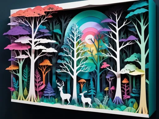 Prompt: Inverted color papercraft illustration of a surreal forest, vibrant rainbow hues, paper-cut style, intricate details, high quality, surreal, vibrant colors, papercraft, flat design, surreal forest, intricate details, vibrant rainbow, artistic style, highres, ultra-detailed, professional