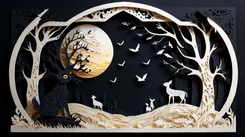 Prompt: Creator, please show me mine, deep black and bone color palette, paper-cut style, intricate details, high quality, papercraft, flat design, surreal reality, intricate details, highres, ultra-detailed, professional