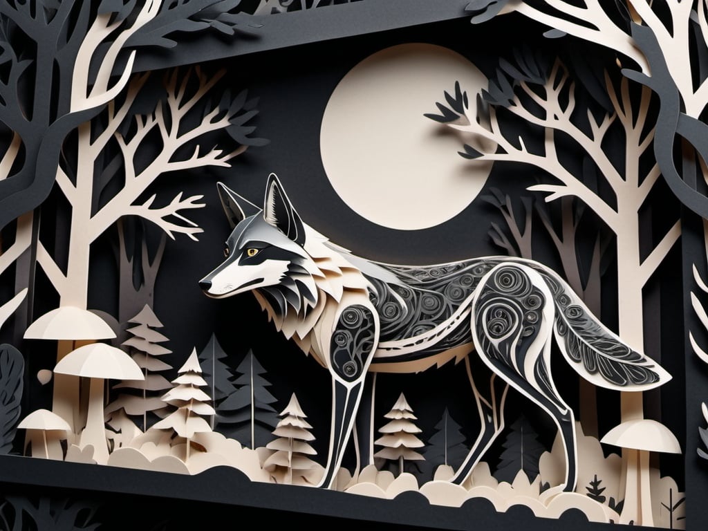 Prompt: papercraft illustration of a surreal forest, black coyote, deep black and bone color palette, paper-cut style, intricate details, high quality, surreal, stark, papercraft, flat design, surreal forest, intricate details, highres, ultra-detailed, professional