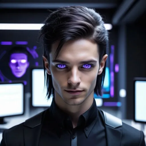 Prompt: Male, goth, very handsome, kind face, glowing purple eyes, thick, dark straight hair, cleanshaven, masculine, conventionally handsome, black shirt, sci-fi office background. corporate photo headshot style.