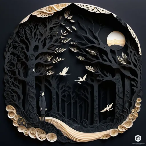 Prompt: Creator show me the path, deep black and bone color palette, paper-cut style, intricate details, high quality, surreal, papercraft, flat design, surreal forest, intricate details, highres, ultra-detailed, professional