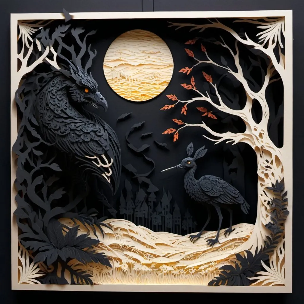 Prompt: Creator show me the enemy, deep black and bone color palette, paper-cut style, intricate details, high quality, papercraft, flat design, surreal reality, intricate details, highres, ultra-detailed, professional